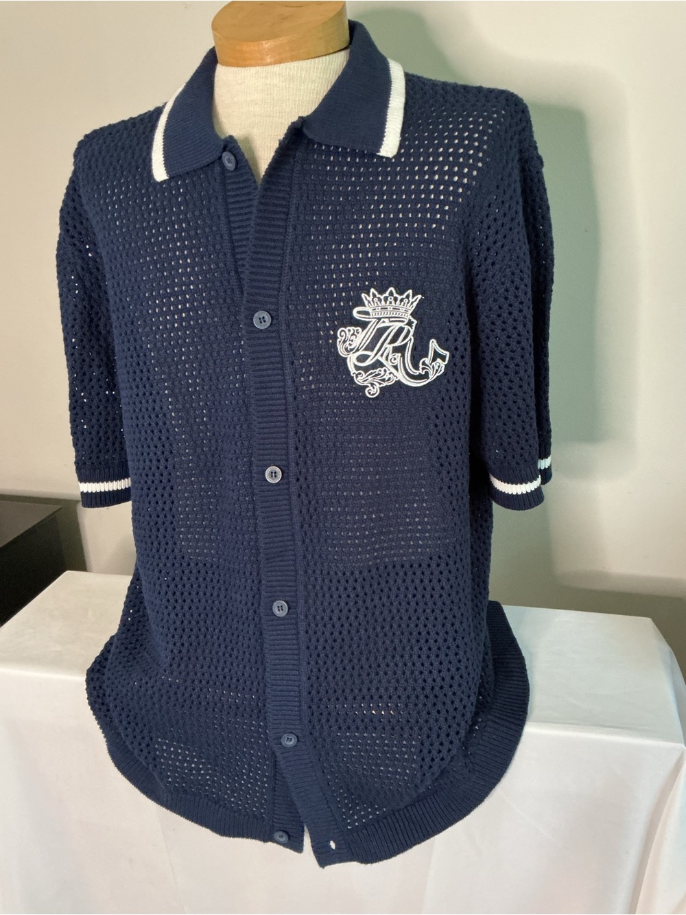 True Religion Navy Open-Knit Polo Cardigan Shirt with White Trim
